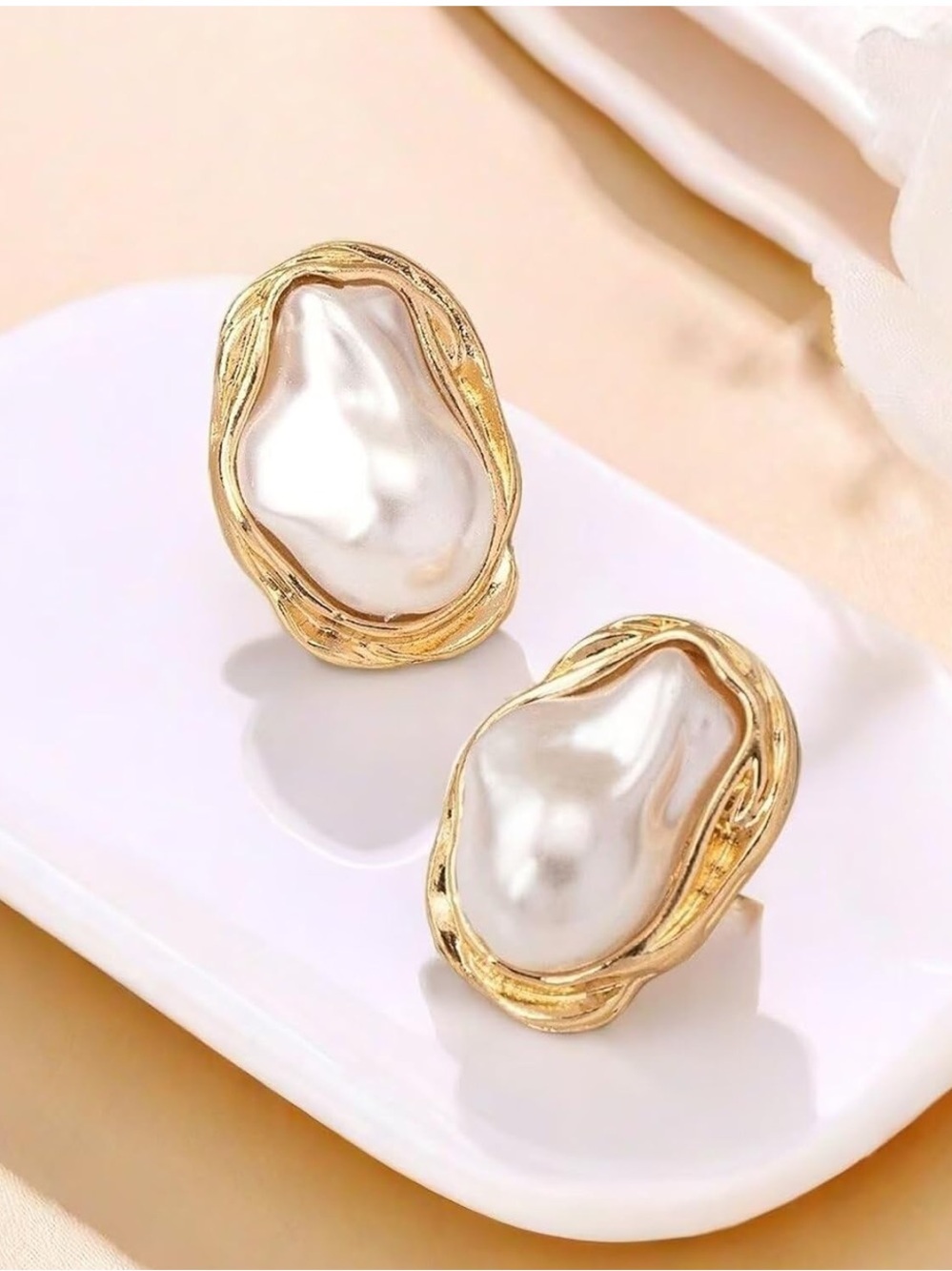 Gold Faux Pearl Statement Earrings - Women Jewelry